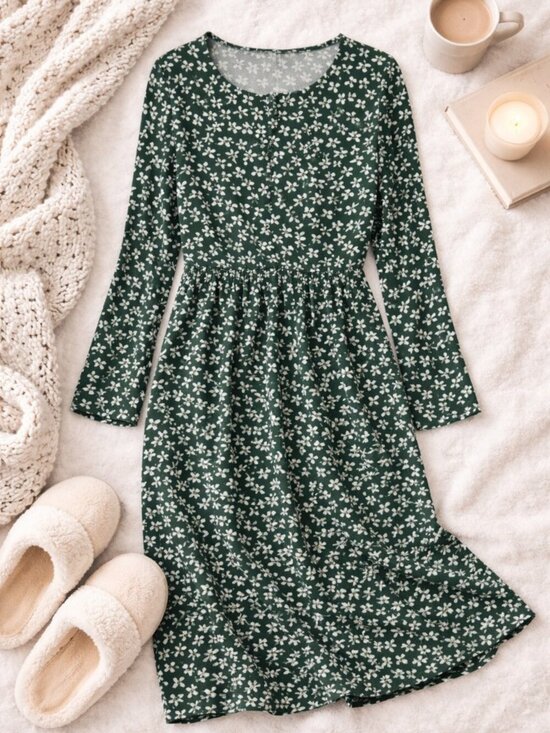 Fads Other - FADS Green Floral Dress Medium Long Sleeve Cottagecore Casual Midi